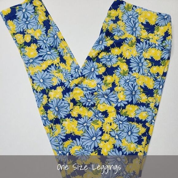 LuLaRoe OS Leggings Floral Blue Yellow NEW - Picture 1 of 1